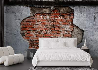 red brick wall texture in the center under peeling plaster, modern style background, architecture detail Wall mural