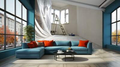 Interior of a new apartment without finishing in gray tones with folding metal ladder-step ladder. Wall mural