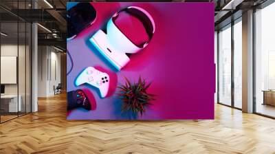 Keyboard, mouse, gamepad, virtual reality headset and headphones. Wall mural