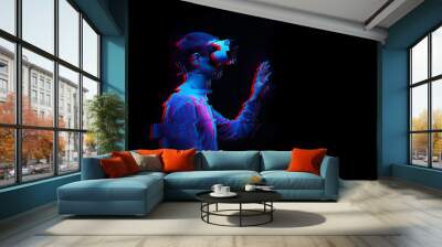 Man is using virtual reality headset. Image with glitch effect. Wall mural