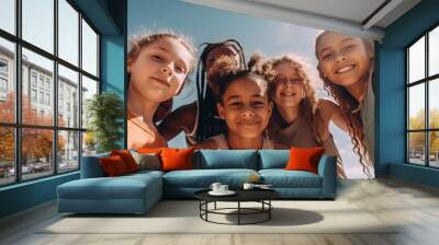 Multiracial kids friend standing together in summer street. Wall mural