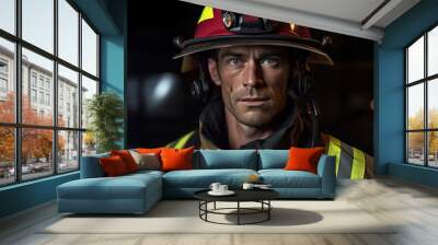 Portrait of a male firefighter on the background of a fire engine. Wall mural