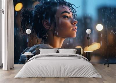 Portrait of beautiful woman in rain on the background of city streets. Generative ai image Wall mural