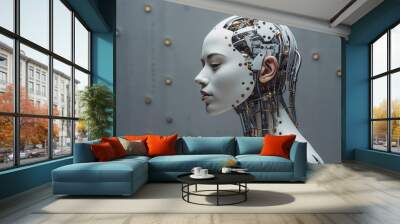 Portrait of cyborg woman, Side view Generative AI Wall mural