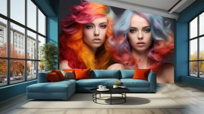 Portrait of two woman with bright colored hair. Professional hair coloring. Generative ai image Wall mural