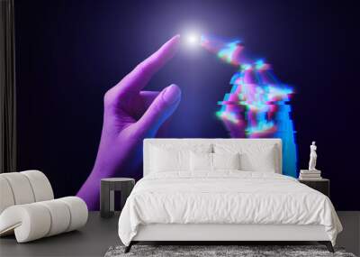 Touching fingers of engineer and digital technology that he creates. Acquaintance of man and technology. Wall mural