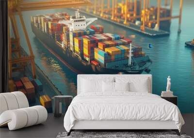 Cargo ship loaded with containers is docked at a bustling industrial port as cranes prepare for unloading. A great visual for logistics, maritime transport, and global trade. Wall mural