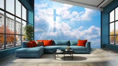 Christian cross appears bright in the sky Wall mural