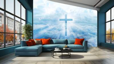 Christian cross with open book on the blue sky Double exposure stylish Wall mural