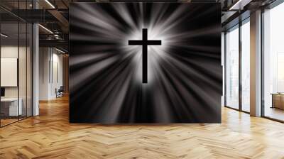 Religioush cross with sun rays  shine on the dark  background illustration Wall mural