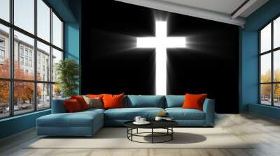 Religioush cross with sun rays  shine on the dark  background Wall mural