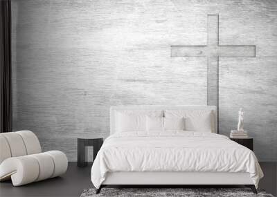 White old christian religion symbol cross shape as sign of belief on a grungy wood textured with copy space. Wall mural