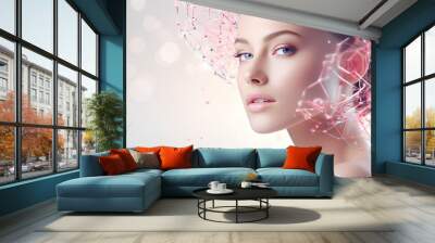 A beautiful woman portrait serum molecules structure on the face, pink tone colour light on pink background. Copy space, banner. Advertising style Wall mural