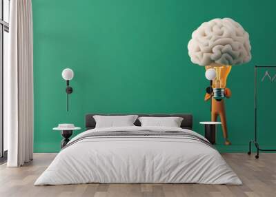 A creative illustration depicting a character holding a light bulb and a brain, symbolizing innovation and intelligence. Wall mural