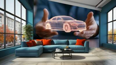 A person holds a holographic model of a car, showcasing advanced technology and design innovation in the automotive industry. Wall mural