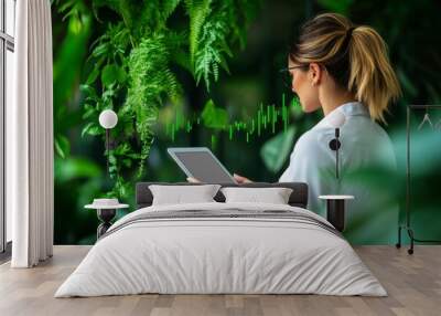 A professional woman using a tablet in a lush, green environment, showcasing technology and nature integration. Wall mural