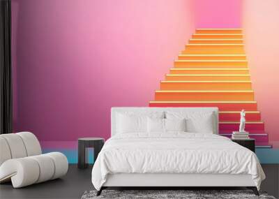 A vibrant, gradient staircase transitions from orange to pink against a soft pastel backdrop, inviting exploration and creativity. Wall mural