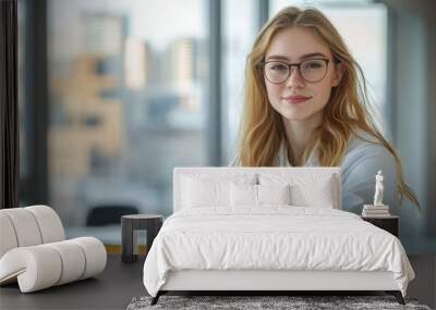 A young female scientist with long blonde hair and glasses, arms crossed, standing confidently in a laboratory with a cityscape view. Wall mural