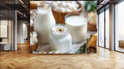 Assorted dairy products including milk, cheese, and yogurt displayed on a wooden table with natural light and fresh ingredients. Wall mural