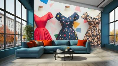 Stylish dresses on mannequins showcase vibrant colors and playful patterns against a geometric background. Wall mural