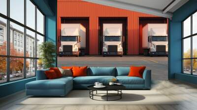 Three white delivery trucks parked in front of a loading dock with orange walls. Ideal for logistics and transportation themes. Wall mural