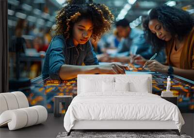 Two young women engineers are focused on debugging an electronic circuit board in a modern lab environment. Wall mural