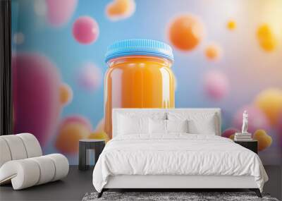 Vibrant jar of orange jam surrounded by colorful abstract shapes. A playful, artistic display perfect for food and beverage promotion. Bright colors create an inviting atmosphere. Wall mural