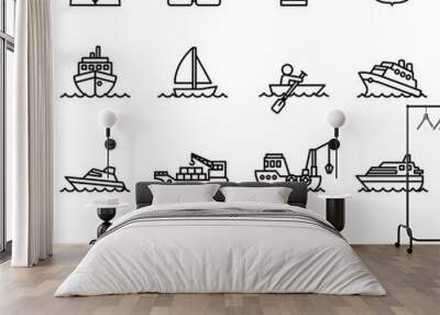 boat and ship icon set with white background. Thin line style stock vector. Wall mural