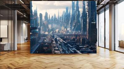 cyberpunk city with tall and huge futuristic skyscrapers with tall towers Wall mural