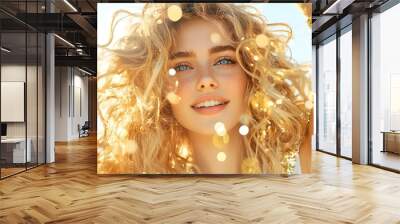 A bright, cheerful portrait of a woman with curly hair smiling against a sunlit background with soft bokeh effects. Wall mural