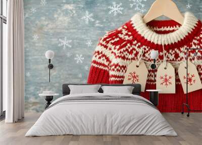 A cozy red sweater with festive designs hangs on a wooden hanger, adorned with snowflake tags against a snowy blue background. Wall mural