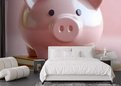 A cute pink piggy bank sits atop golden bars, symbolizing savings, financial growth, and wealth. Wall mural