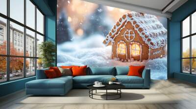 A festive gingerbread house adorned with icing snow, capturing the charm of holiday baking and traditional seasonal decorations.
 Wall mural