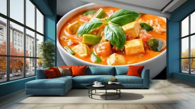 A vibrant bowl of hearty vegetable soup with tofu, herbs, and spices, topped with fresh basil, served alongside rice, creating a comforting and delicious meal. Wall mural