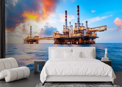 A vibrant offshore oil rig stands against a colorful sunset, surrounded by calm waters, showcasing industrial advancement and natural beauty. Wall mural