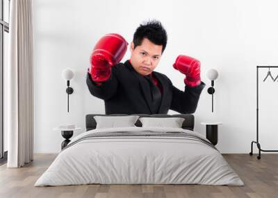 businessman with red boxing glove ready to fight with problem, b Wall mural