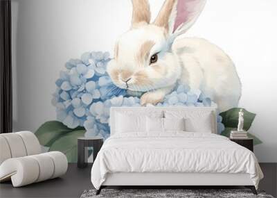 Cute rabbit with Hydrangea bouquet, watercolor Wall mural