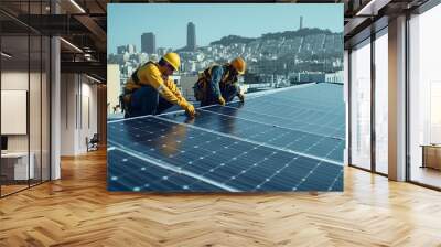 Team of engineers and technicians working on photovoltaic solar power plant Wall mural