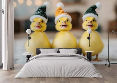 Three adorable yellow ducklings wear festive hats, exuding charm and playfulness in a cozy indoor setting. Wall mural