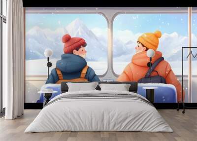 Two friends in winter jackets with colorful hats gaze out a train window at snowy mountains, enjoying a scenic journey. Wall mural