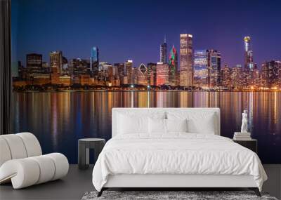 Chicago Skyline Cityscape at night with lake in front and  blue sky with cloud, Chicago, United state. Wall mural