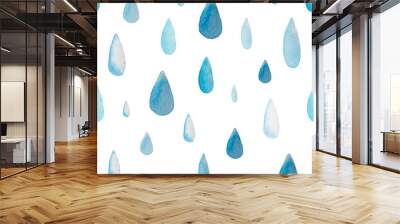 Hand drawn seamless pattern with watercolor rain drops isolated on white background Wall mural