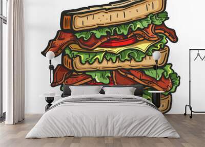 A cartoon illustration of a bacon, lettuce and tomato sandwich. Wall mural