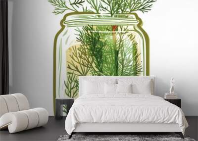 A hand-drawn illustration of a mason jar filled with green herbs. Wall mural