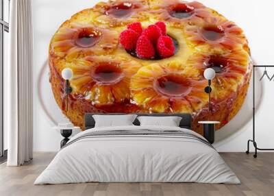 Delicious pineapple upside down cake with caramel glaze and fresh raspberries. Wall mural