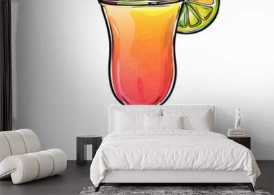 Hand-drawn illustration of a refreshing cocktail with a strawberry and lime garnish. Wall mural