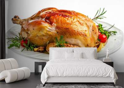 Hendl whole roast chicken on plate isolated on white background Wall mural