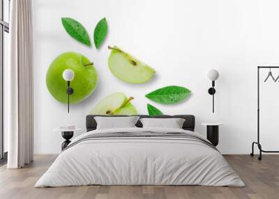 Green apple has water drop with slices and green leaves isolated on white background. top view , flat lay. Wall mural