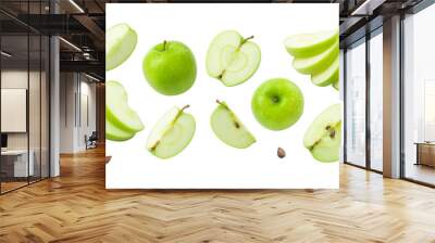 Green apple has water drop with slices collection isolated on white background. Clipping path. Wall mural