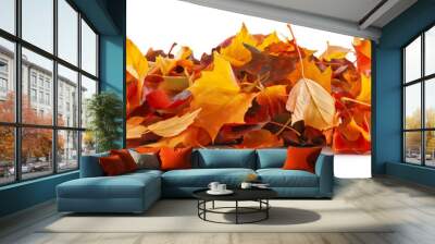 Pile of autumn colored leaves isolated on white background Wall mural